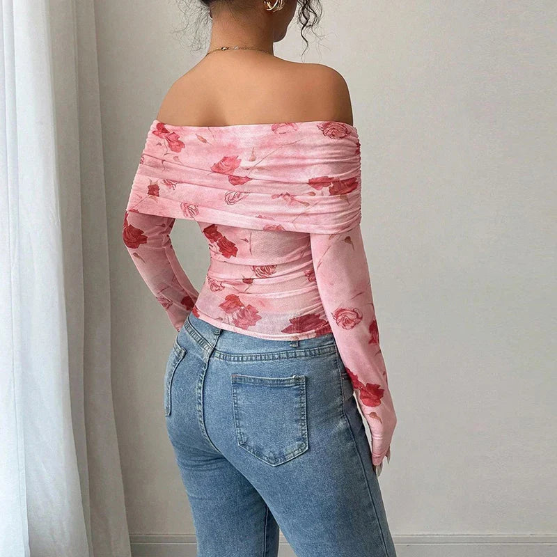 Sexy Irregular Off Shoulder Printed Long Sleeve T-Shirt Women Elegant Slim Fit T Shirts For Women Fashion Tops Tee