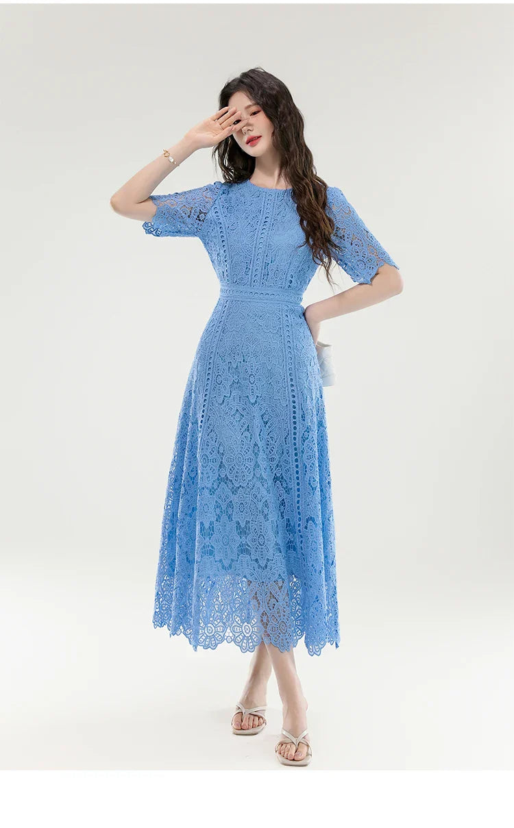 High Quality Lace Hollow Out Women Long Elegant Office Dress Summer French Chic Casual Vintage Purple Short Sleeve A-line Dress