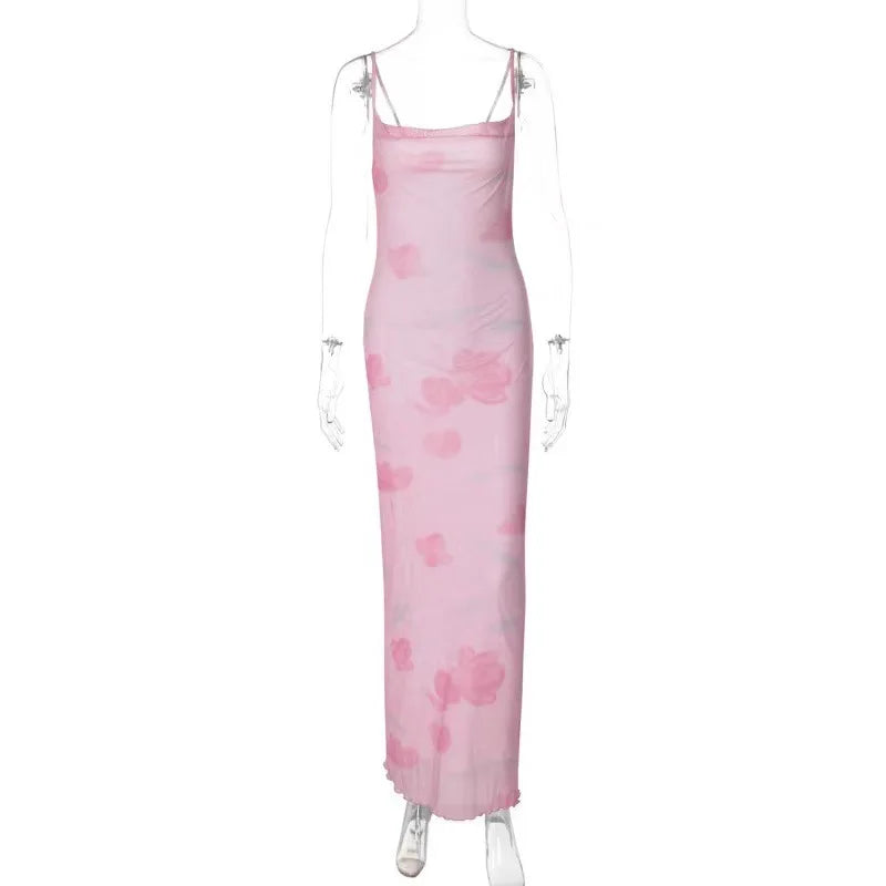 European and American Women's Fashion New Sweet and Spicy Style Off-Shoulder Mesh Printed Long Camisole Dress