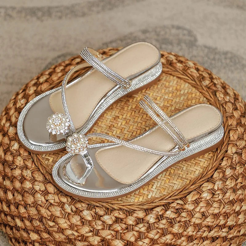 Rhinestone Fashion Sandals 2024 New Wedge Silver Sexy Women Summer Sandals Transparent Slippers