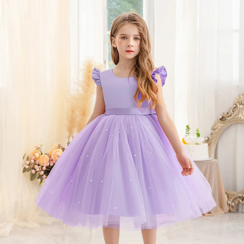 Baby Girl Party Dress Back Bow Elegant Flying Sleeve Mesh Tutu Dress with Pearl Solid Flower Girl Wedding Dress Birthday Gowns