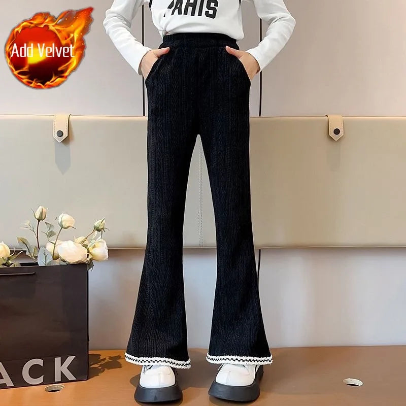 Girl's Autumn Winter New Mid-Weight Flared Jeans with Integrated Fleece-Lining, Stylish Casual Pants for Tween Girls