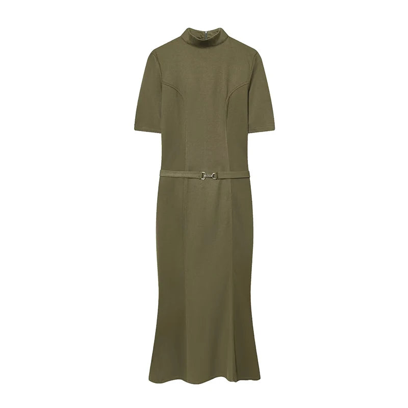 Woman Elegant Dress 2025 New Fashion With Belt Soft Women's Dresses Autumn Winter Dress Short Sleeve Stand Collar Casual Dress ﻿