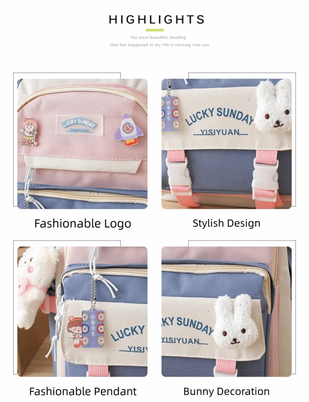 5 Pcs Cute Large Capacity Backpack Set Multifunctional Breathable Student Schoolbag Buckle Coin Purse School