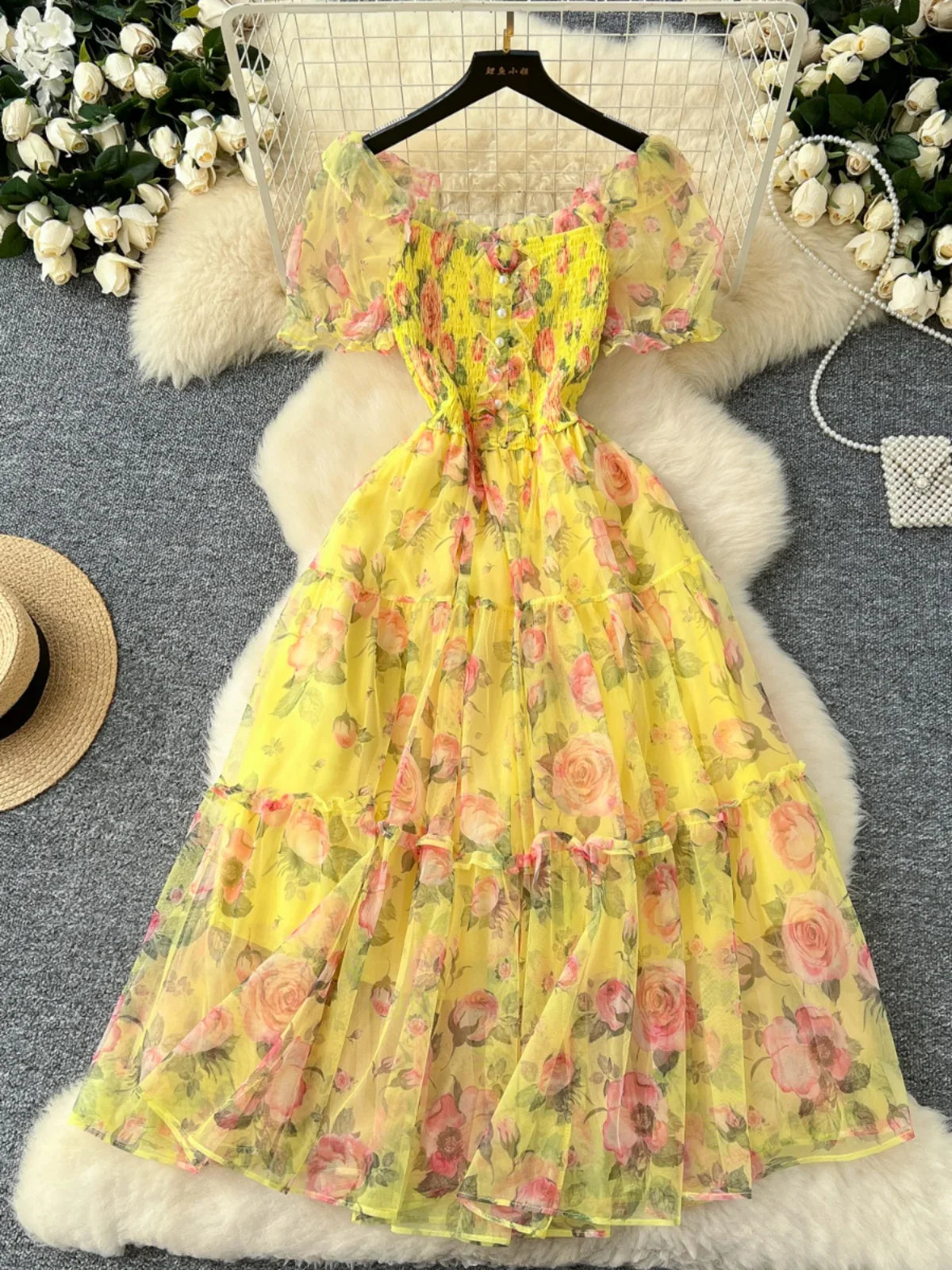 Retro Floral Chiffon Dr Women's Waist Cinched One oulder Bubble Sve Me Skirt Commute Korean Sle High Waist A-Line...