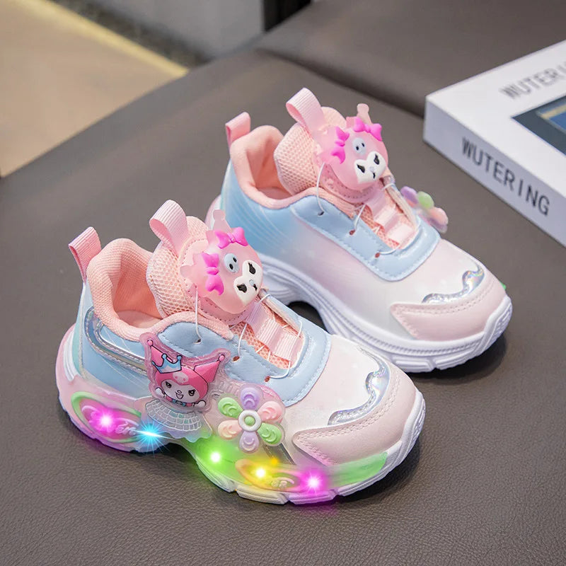 Kawaii Kuromi My melody Led Casual Sneakers Girl Cartoon Outdoors Rotating Buckle Shoes Children Led Luminous Sports Shoes