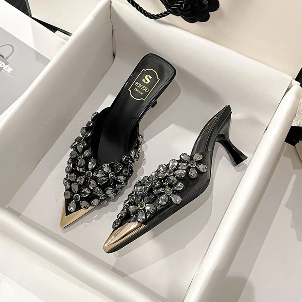 Summer Women High Heel Shoes Plus Size Fashion Rhinestone Women Slippers Point Toe Heel Half Slippers Designer Sexy Party Shoes