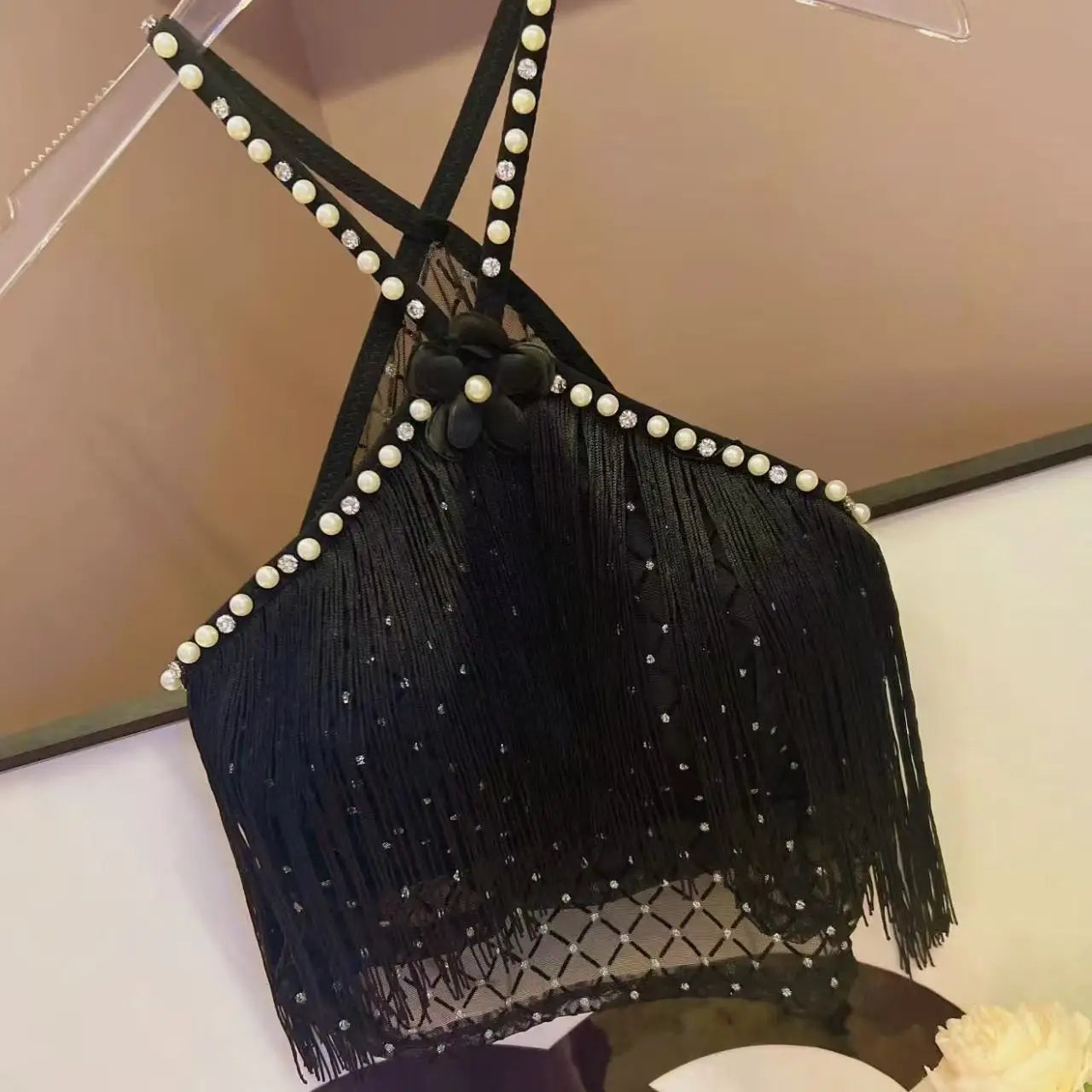 Decorative Halter Top with Padded Cups, Long Tassel, Pearl Sparkling Diamond, Retro Millennial Style, Sexy Halter