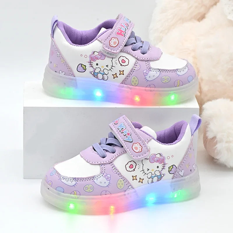 Children's Led Light Shoes Fashion Hello Kitty Girls Sneakers Cute Cartton Casual Shoes Breathable Kids Sport Shoes Gift