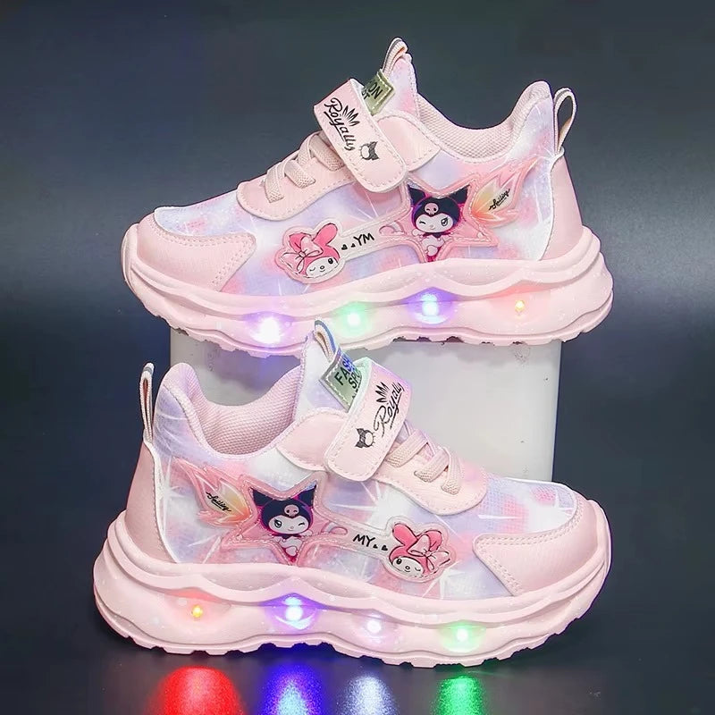 Kulomie girls' shoes with lights 2025 autumn new mesh breathable sports shoes leather waterproof soft-soled running shoes