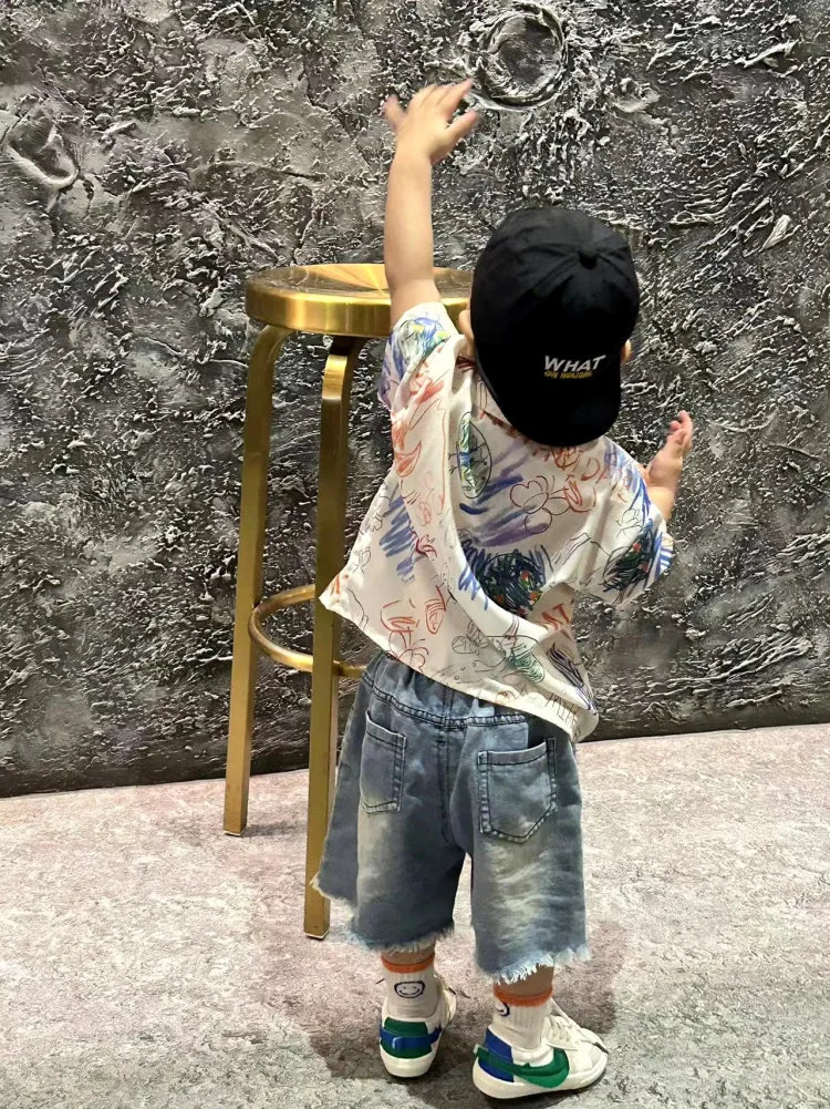 New Summer Kid Baby Clothes Suit Children Boys Fashion Graffiti Shirt +Hole Denim Shorts 2Pcs/Sets Toddler Kids Birthday Outfits