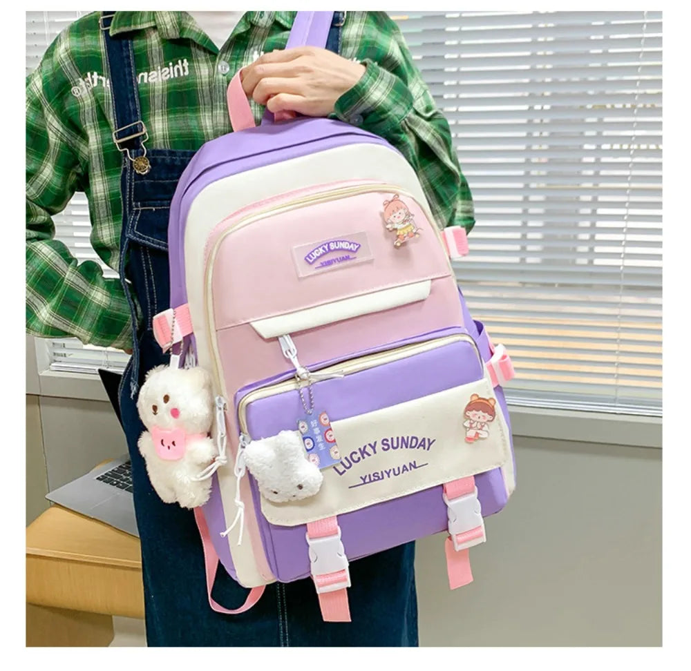 5 Pcs Cute Large Capacity Backpack Set Multifunctional Breathable Student Schoolbag Buckle Coin Purse School