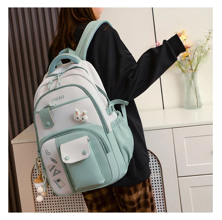 New cute rabbit children school backpack Fashionable splicing color contrast fresh lady knapsack kids schoolbags bring a doll