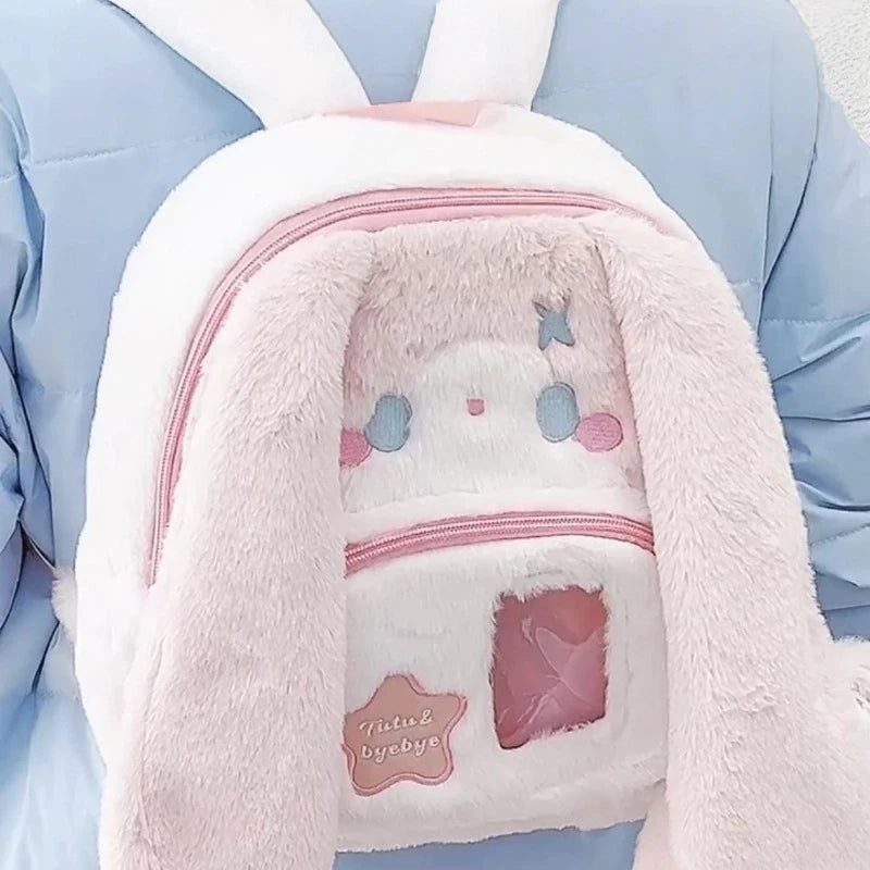 Kawaii Rabbit Ears Double Shoulder Bag Large Capacity Travel Backpack For Girls Cute Cartoon Rabbit Design Ideal Festival Gift