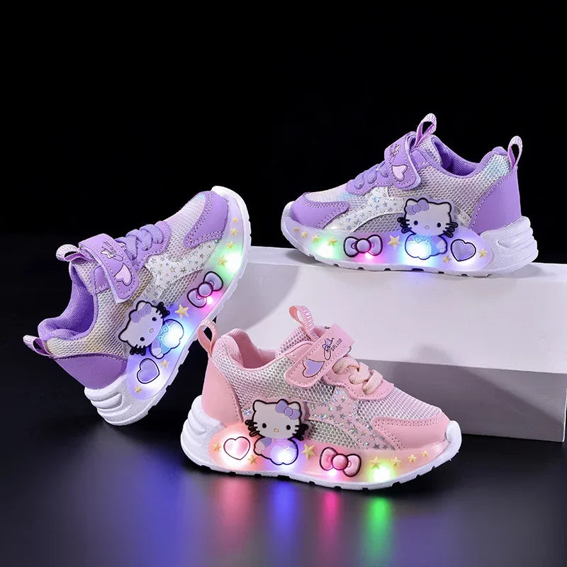 Sanrio LED Casual Sneakers For Spring Girls Hello Kitty Printed Mesh Breathable Shoes Children Lighted Non-slip Pink Purple