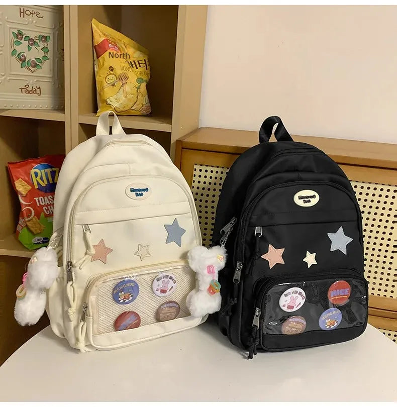 Casual Transparent Badge Large Capacity Commuter Backpack Suitable for Middle School Students Cute School Style Double Shoulder