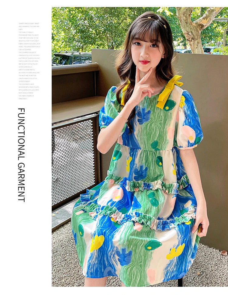 Summer Dress Girl Korean Style Sweet Floral Print Casual Kids Ruched Dresses Toddler Girls Clothes 4 5 6 7 8 9 10 12 14 Year Old