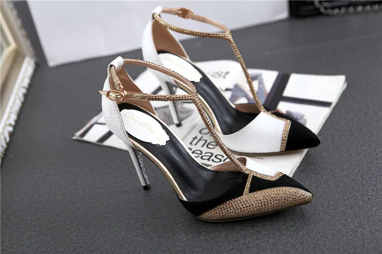 Spring and summer pointed toe hollow patent leather shoes thin high-heeled banquet dress large size small size women's sandals