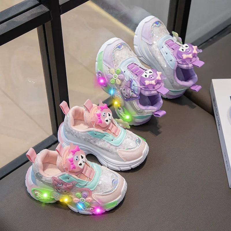 Kawaii Kuromi My melody Led Casual Sneakers Girl Cartoon Outdoors Rotating Buckle Shoes Children Led Luminous Sports Shoes