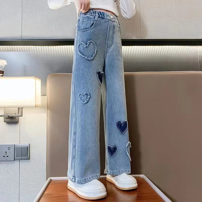 Girls' Heart Patch Jeans Spring 2025 New Stylish Children's Korean Fashion Long Pants for Girls Spring and Autumn Outerwear Pants