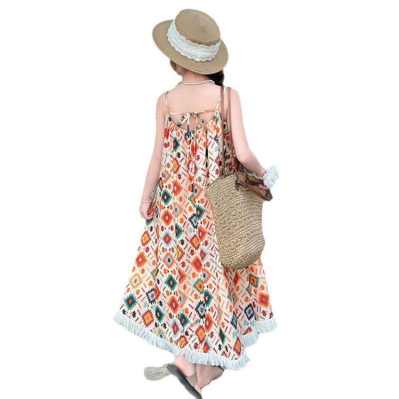 Girls' Summer Dress 2025 New Design for Children, Girls' Beach Bohemian Princess Dress for Older Kids.