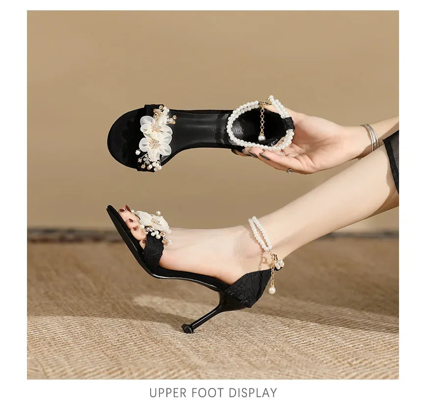 Small Size 31 -43 Women Peep Toe Sandals Wedding Heels Wide Fat Feet Shoes for Women Pearl Flower Bridal Shoes Zaptos Mujer