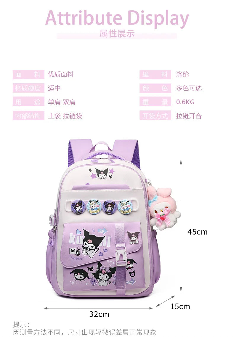 Cinnamoroll Backpack Badges Plush Pendant Casual Cute Cartoon Shoulder Bag Adjustable Shoulder Strap Ultralight Gear