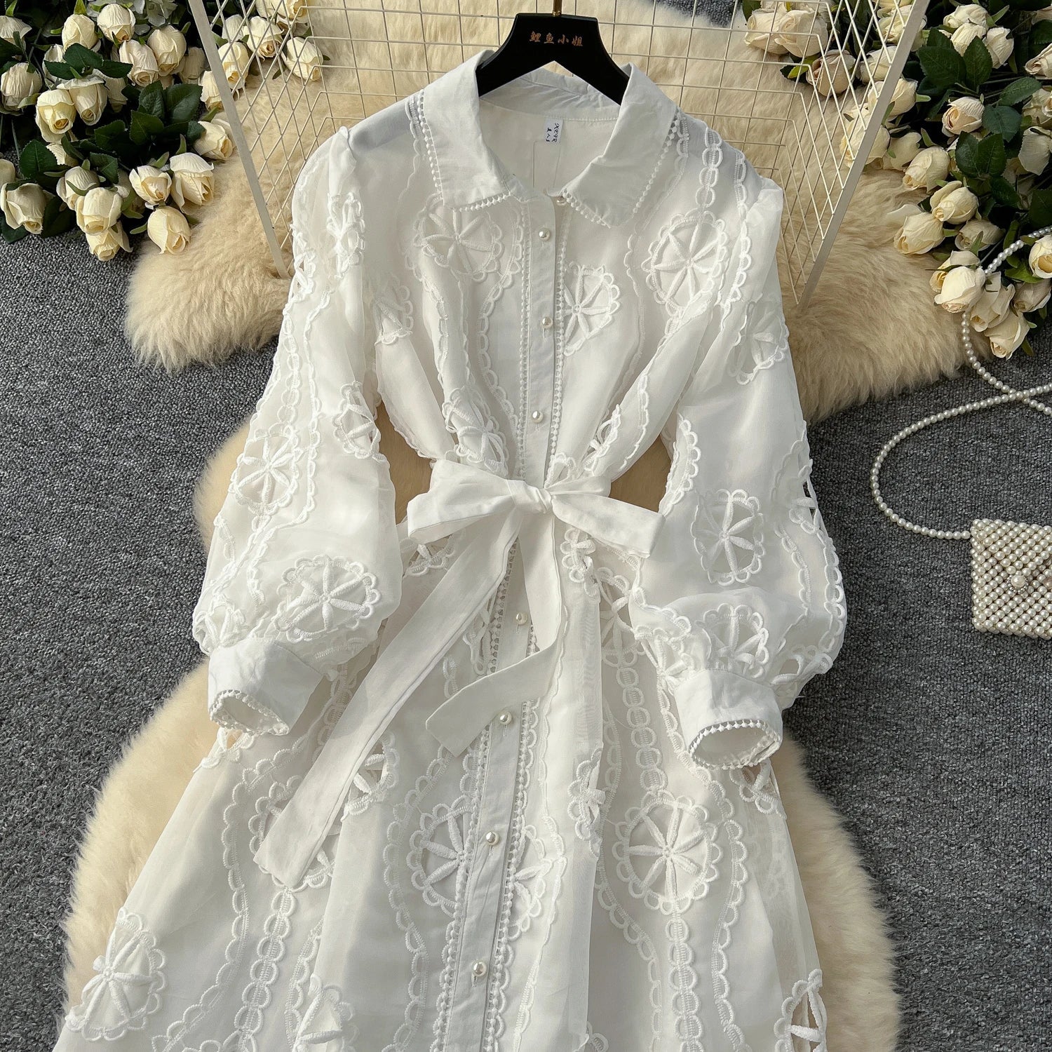 Elegant Embroidery Vintage Lantern Sleeves Lapel Single Breasted Chic Bandage Slim Long Dresses Women High Street Clothing