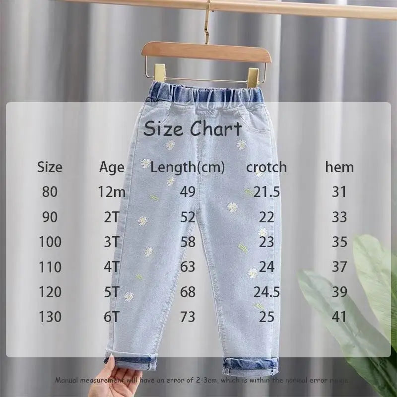 New Spring Kids Jeans Children Cute Bow Lace Denim Blue Pants Girls Embroidered Daisy Trousers