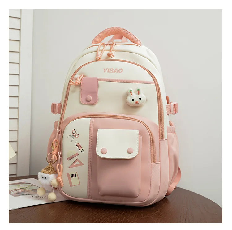 New cute rabbit children school backpack Fashionable splicing color contrast fresh lady knapsack kids schoolbags bring a doll