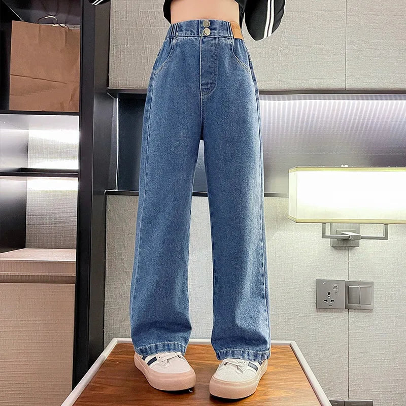 Jeans for Girls 2024 New Fashion Cartoon Printed Long Denim Trousers Teens Kids Cute Dog Pattern Wide Leg Pants 5 7 9 11 13 14Y