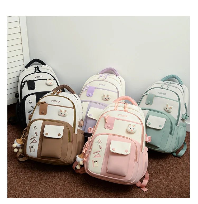 New cute rabbit children school backpack Fashionable splicing color contrast fresh lady knapsack kids schoolbags bring a doll