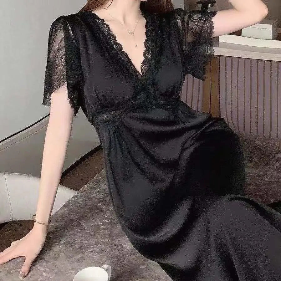 Summer Satin Night Dress Women Sleepwear With Bras Long Lace Nightgown Short Sleeve Sleepdress Loose Intimate Lingerie Nightwear