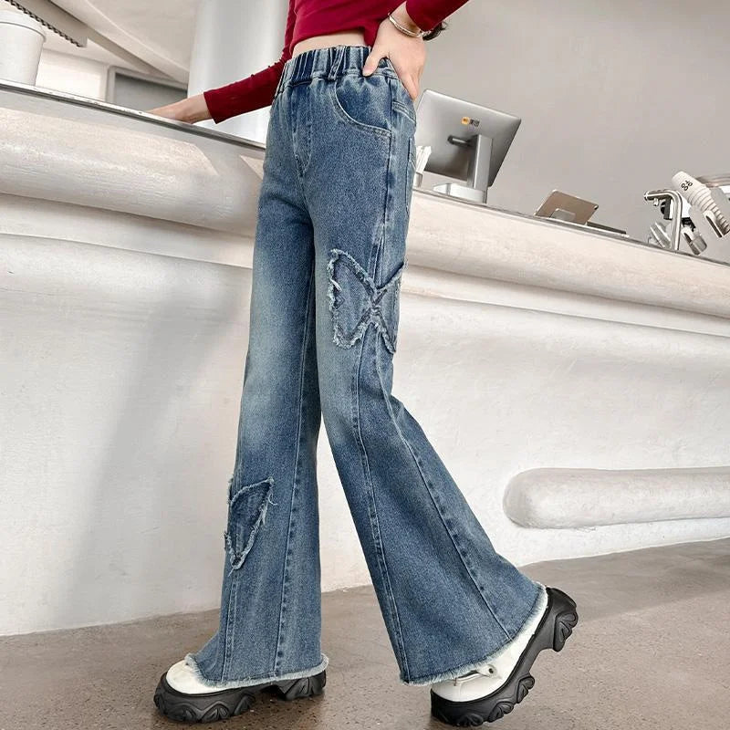 2025 Girls Wide Leg Jeans Loose Pants Spring Autumn Teen Casual Trousers Kids Fashion Straight Denim Long Pants Children Clothes