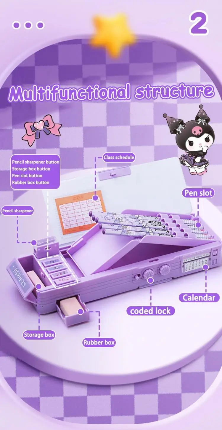 Sanrio Multifunction Stationery Box Kuromi Melody Cinnamoroll Bilayer Coded Lock Pencil Box Large Capacity Students Supply Gift