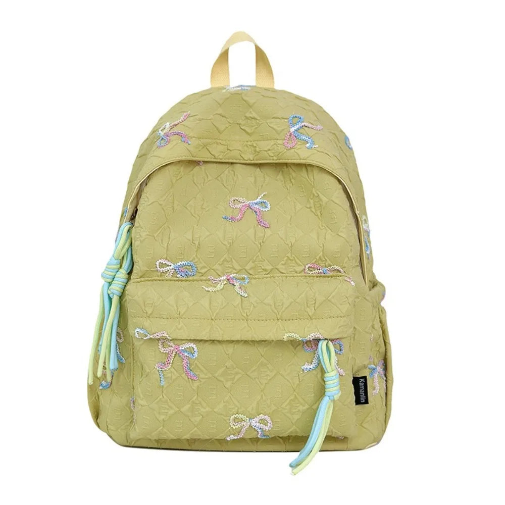 Fashion Embroidered Bow Backpack Nylon Large Capacity Students Schoolbag Multiple Pockets Wear-resistant Travel Rucksack