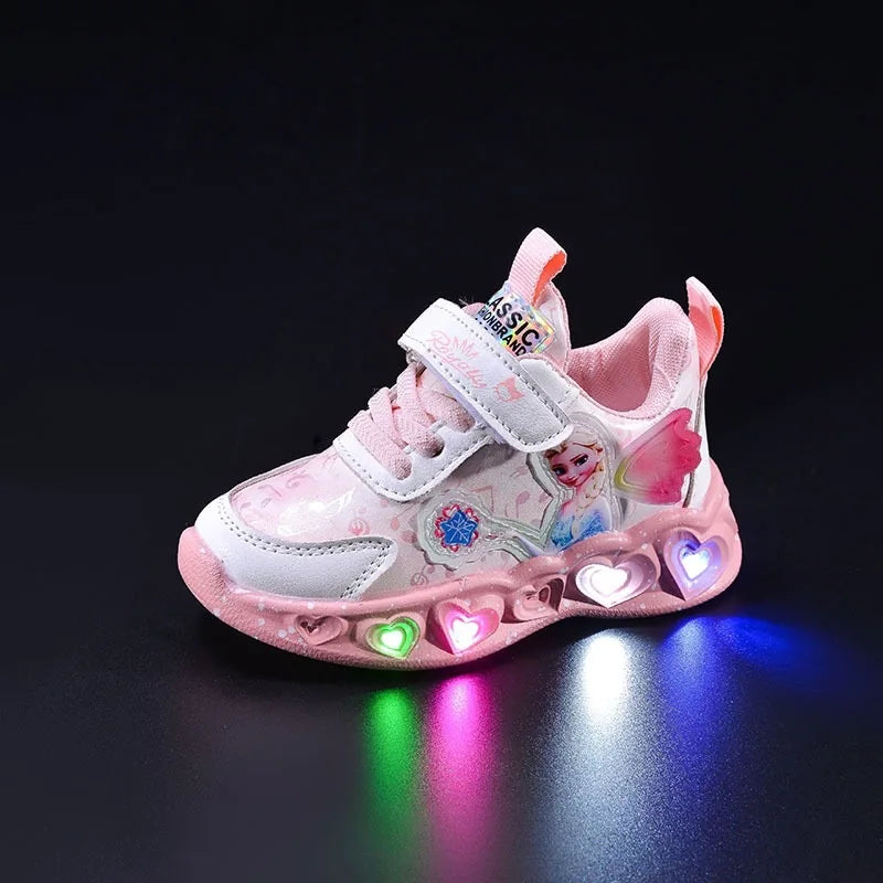 Kids Led Light Shoes Girls Disney Frozen Casual Sneakers Princess Elsa Children Toddler Breathable Sport Running Shoes