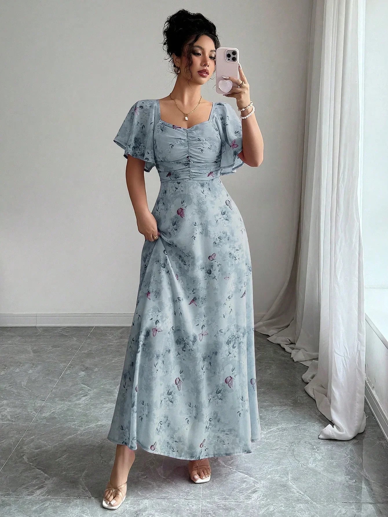 Fashionable Long Floral Print Dress Women's New Summer Slimming Age-Defying Dress Empire Waist Bubble Sleeve Knee-Length