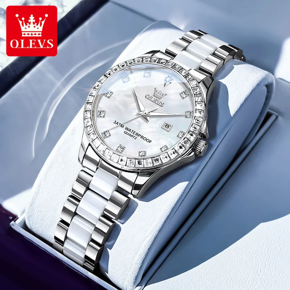 OLEVS New Luxury Ceramic Strap Quartz Watch Women Elegant Diamond Bezel Ladies Wristwatch Waterproof Date Watches Womens Reloj