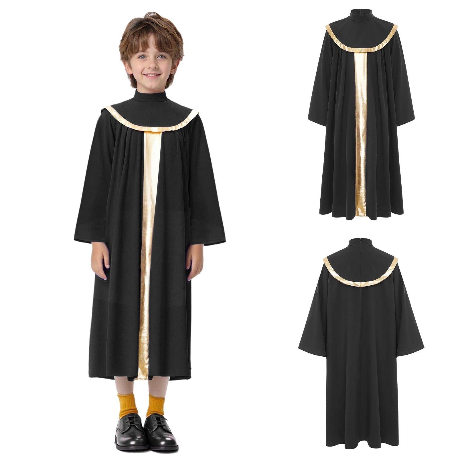 Boys Girls Choir Robe Liturgical Worship Praise Dance Costume Long Sleeve Metallic Color Block Patchwork Pleated Dress Grown