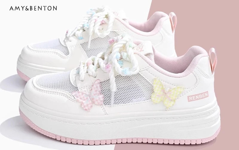 2025 Spring Summer New Versatile White Shoes Mesh Breathable Butterfly Embroidery Thin Height-Increasing Flat Sneakers