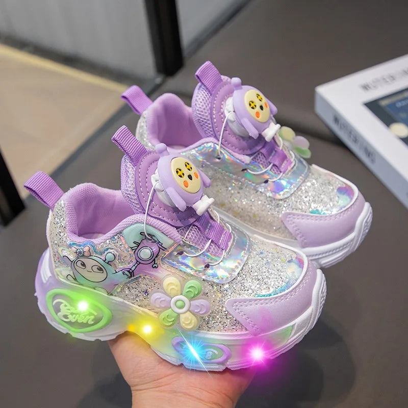 Kawaii Kuromi My melody Led Casual Sneakers Girl Cartoon Outdoors Rotating Buckle Shoes Children Led Luminous Sports Shoes