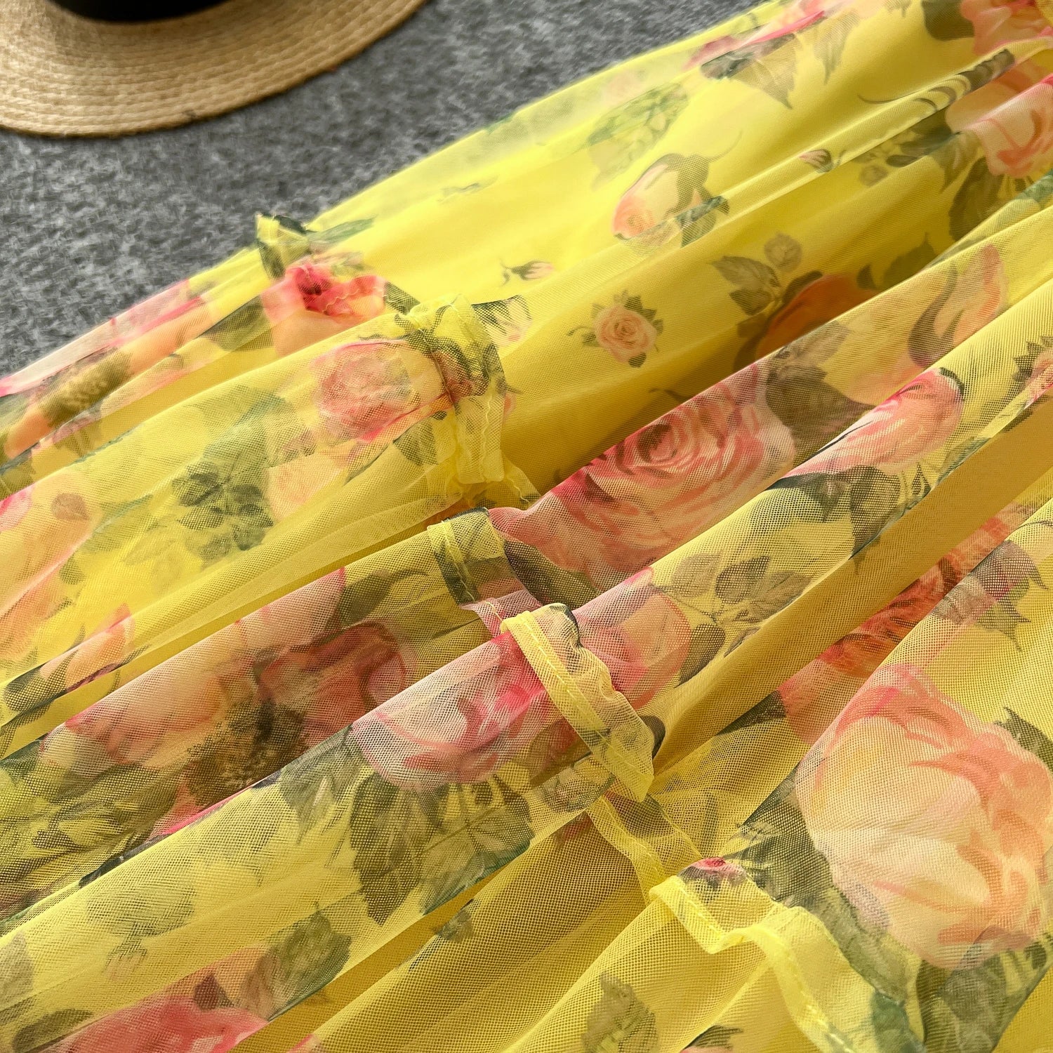 Retro Floral Chiffon Dr Women's Waist Cinched One oulder Bubble Sve Me Skirt Commute Korean Sle High Waist A-Line...