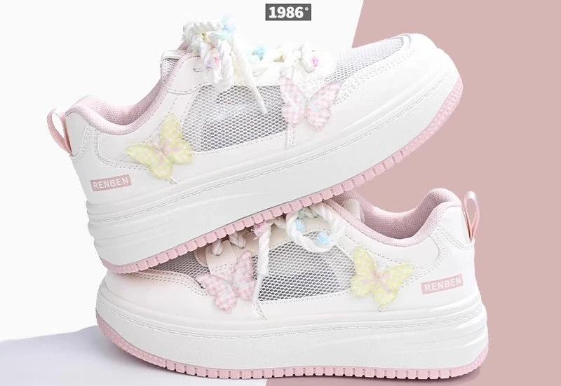 2025 Spring Summer New Versatile White Shoes Mesh Breathable Butterfly Embroidery Thin Height-Increasing Flat Sneakers