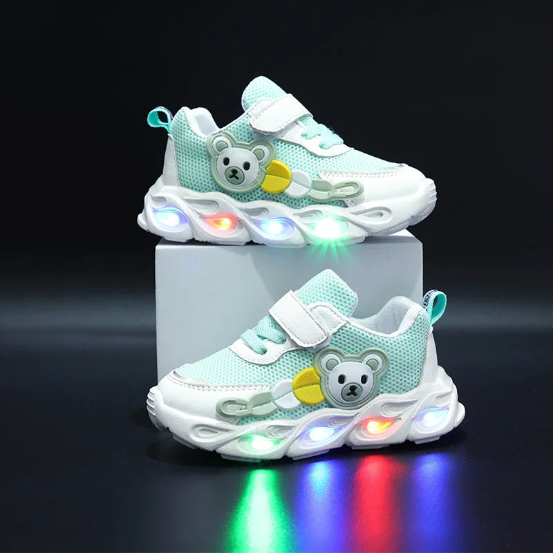2023 Summer Children's Single Mesh Shoes Baby Soft Sole Walking Shoes LED Illuminated Hollow Breathable Board Shoes