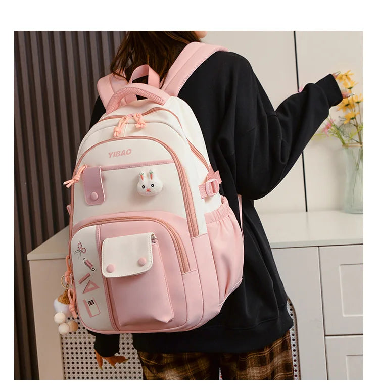 New cute rabbit children school backpack Fashionable splicing color contrast fresh lady knapsack kids schoolbags bring a doll
