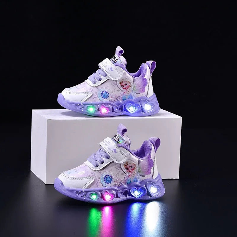 Kids Led Light Shoes Girls Disney Frozen Casual Sneakers Princess Elsa Children Toddler Breathable Sport Running Shoes