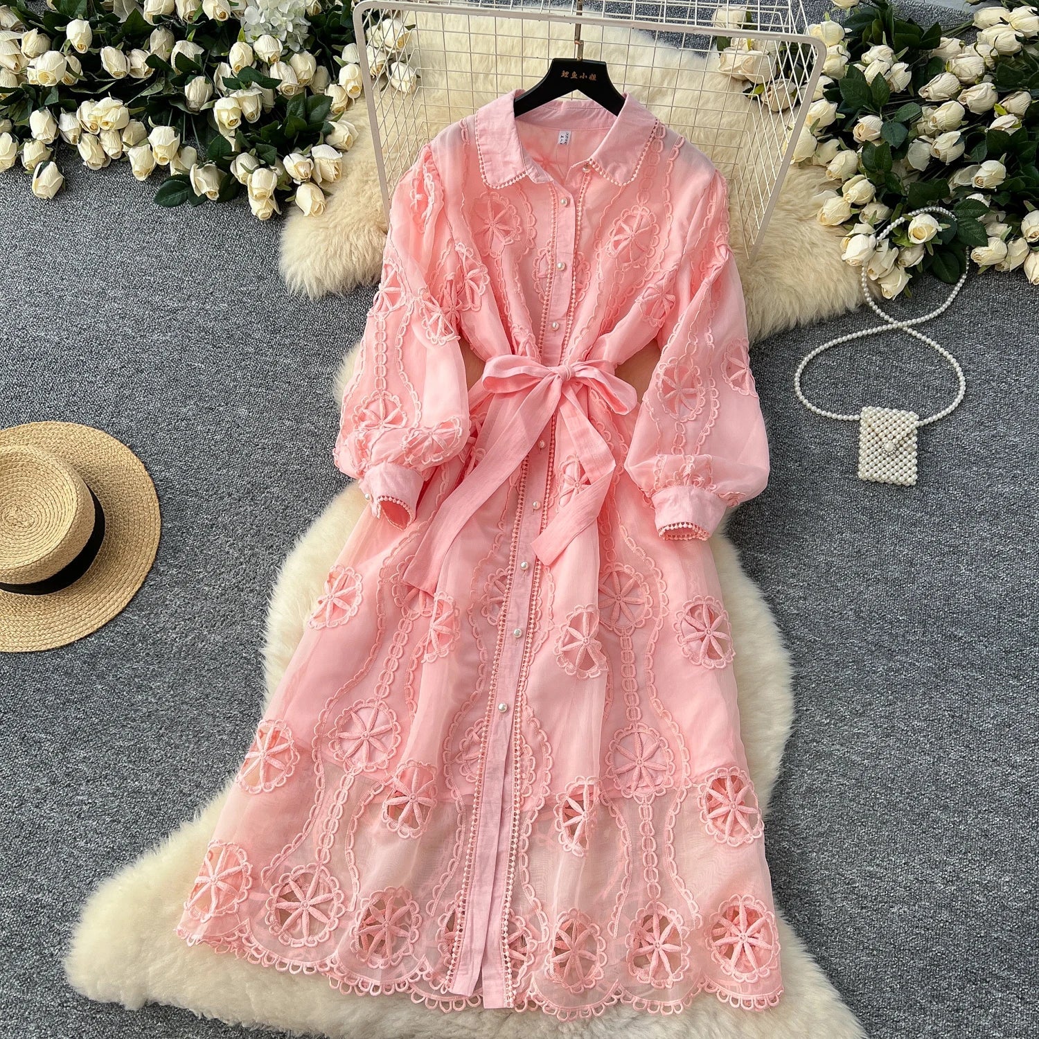 Elegant Embroidery Vintage Lantern Sleeves Lapel Single Breasted Chic Bandage Slim Long Dresses Women High Street Clothing