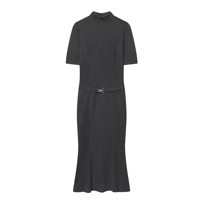 Woman Elegant Dress 2025 New Fashion With Belt Soft Women's Dresses Autumn Winter Dress Short Sleeve Stand Collar Casual Dress ﻿