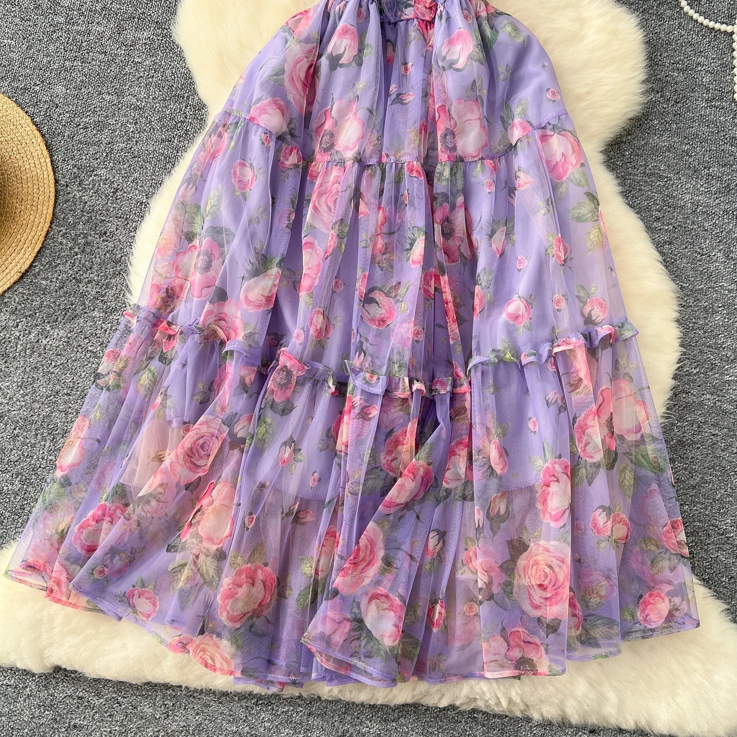 Retro Floral Chiffon Dr Women's Waist Cinched One oulder Bubble Sve Me Skirt Commute Korean Sle High Waist A-Line...